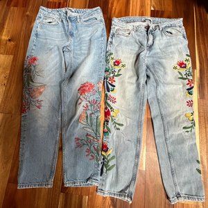 Zara basic 1975 denim boyfriend jeans embroidered two pairs bohemian hippie
